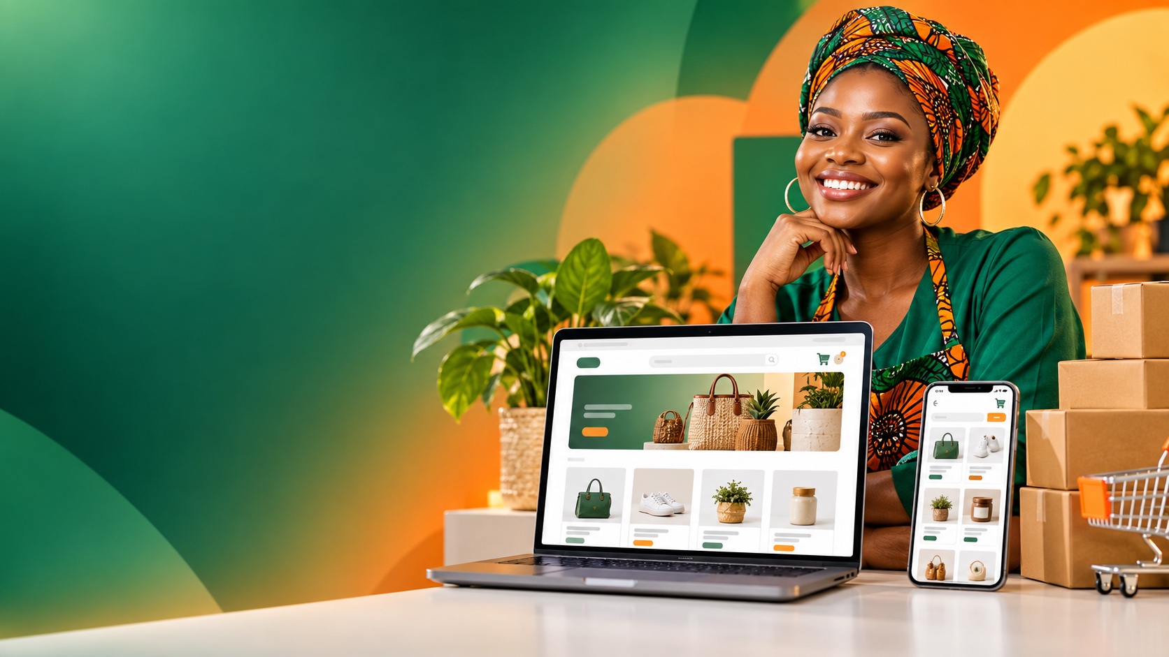 Nigerian entrepreneur using a professional online shop on a laptop and phone