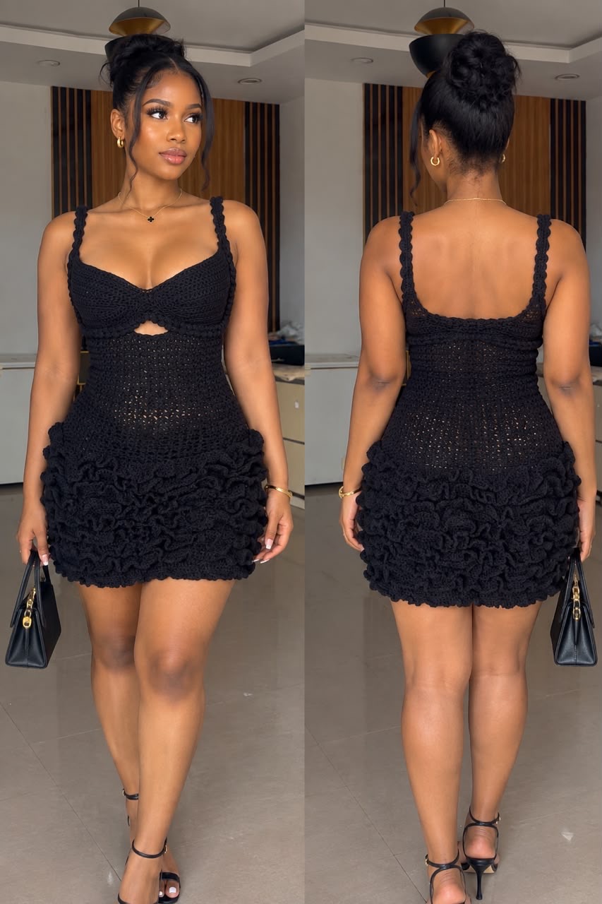 Elegant Black Crochet Ruffle Mini Dress