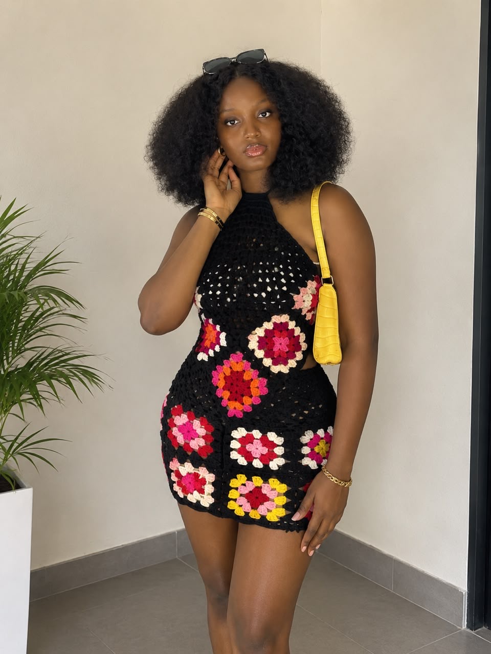 Black Floral Crochet Halter Mini Dress
