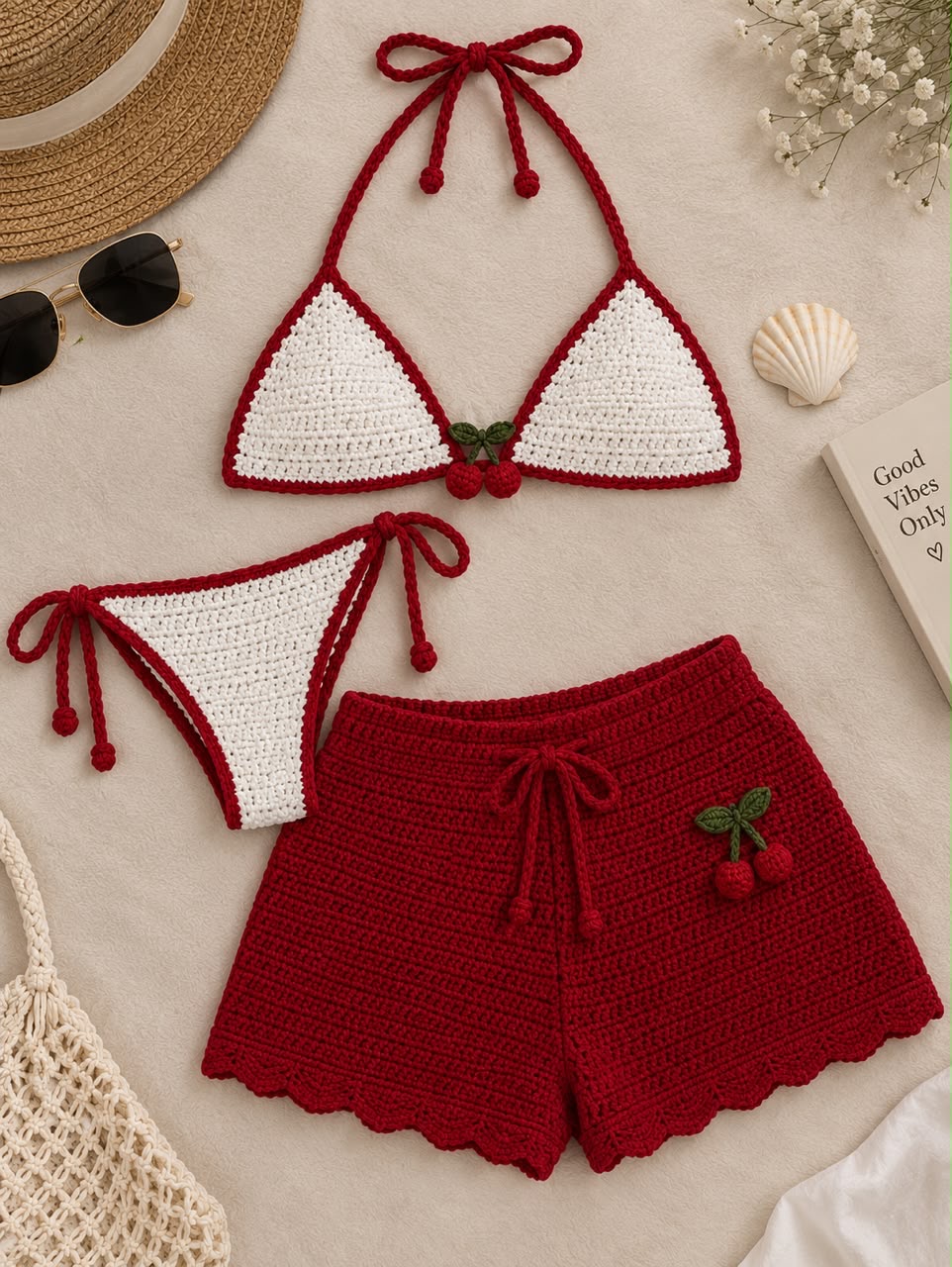 Red & White Crochet Cherry Bikini 3-Piece S