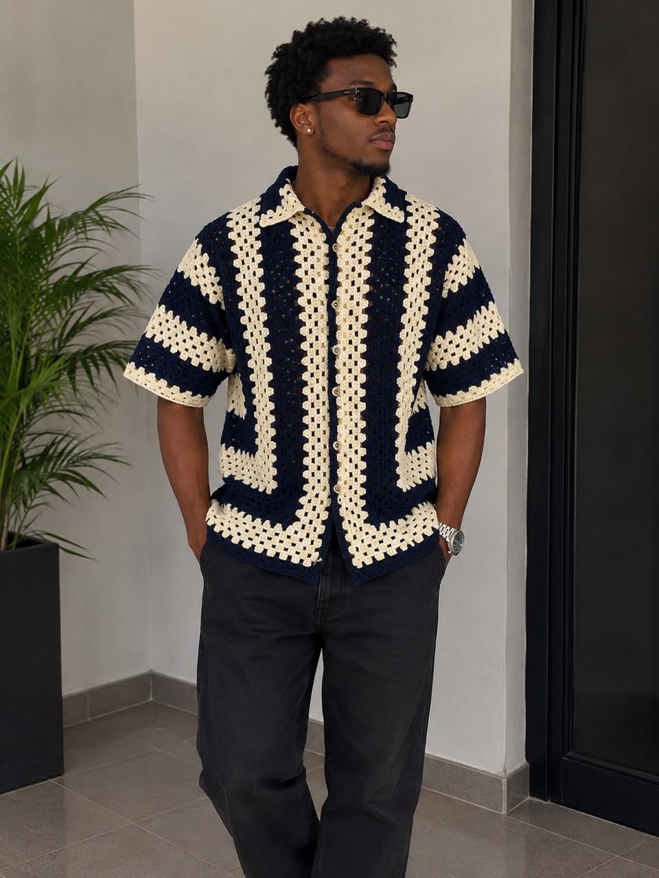 Men’s Navy Blue & Cream Crochet Button-Up Shirt in Nationwide - show in every state - Ships Nationwide in Nigeria