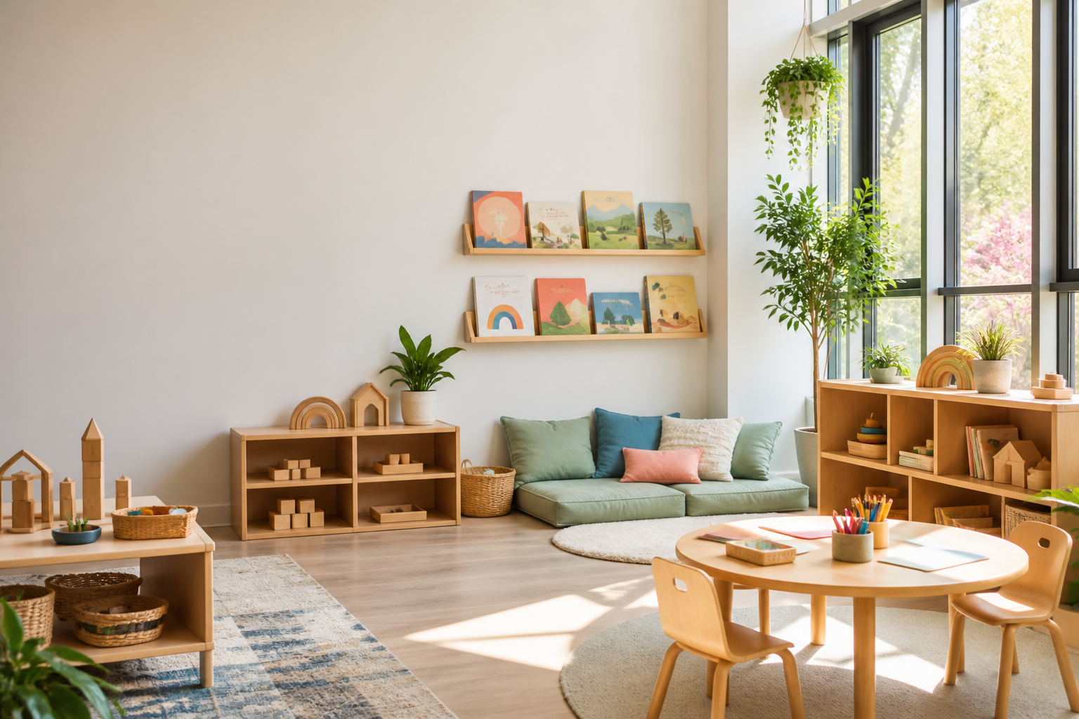 Warm, prepared early-learning classroom with no children present